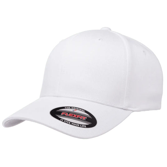 Original Flexfit ball cap with 6 panels and a pre-curved bill in white.  Silver under the visor bill. 