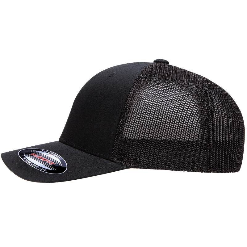 Load image into Gallery viewer, Black Trucker cap with stretch mesh back panels side view
