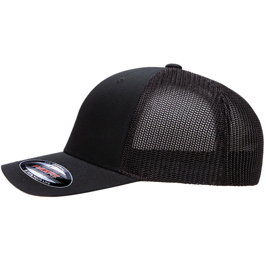 Black Trucker cap with stretch mesh back panels side view