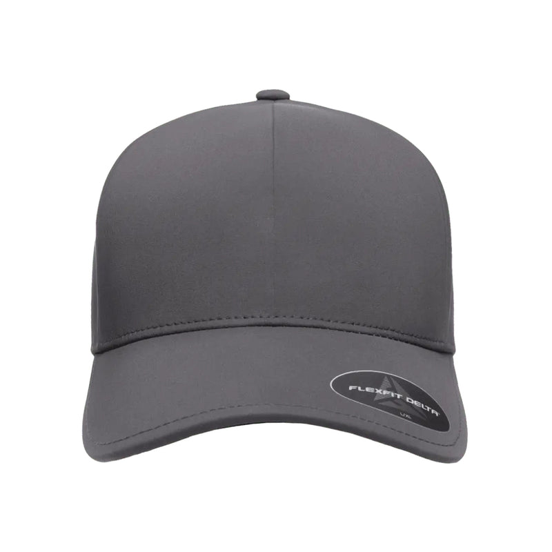 Load image into Gallery viewer, Flexfit® 180 Delta cap complements your style with effortless versatility and modern comfort. Crafted from lightweight, stretchable performance fabric in dark charcoal gray.
