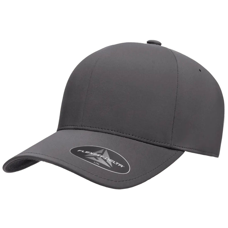 Load image into Gallery viewer, Flexfit® 180 Delta cap complements your style with effortless versatility and modern comfort. Crafted from lightweight, stretchable performance fabric in dark charcoal gray.
