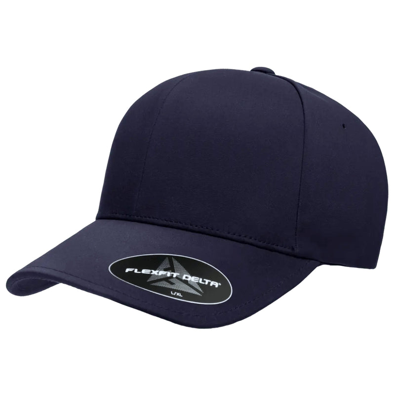 Load image into Gallery viewer, Flexfit® 180 Delta cap complements your style with effortless versatility and modern comfort. Crafted from lightweight, stretchable performance fabric in dark navy blue.
