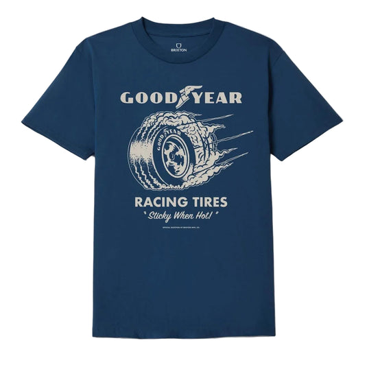 Navy blue t-shirt with officially licensed Goodyear Tires logo that is 