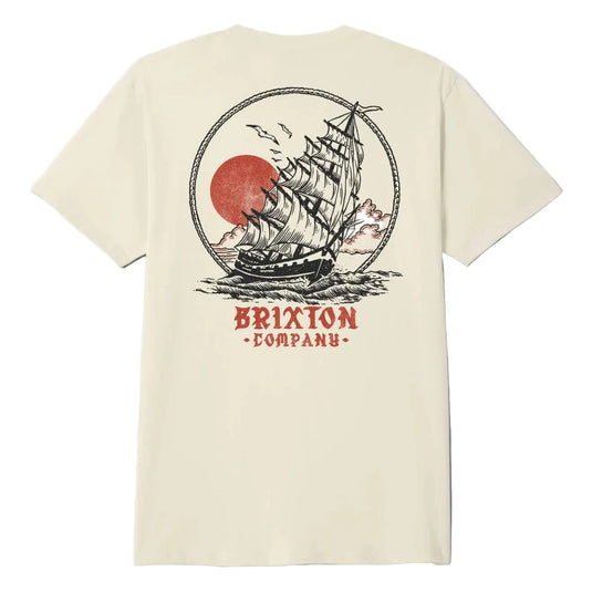 Beige t-shirt with a ship graphic and 'Brixton Company' text on the back