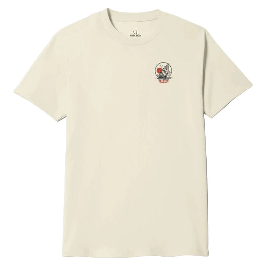 Beige t-shirt with a small graphic on the chest of a ship and Brixton text
