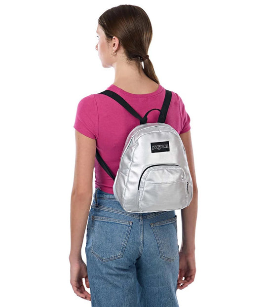Shiny silver color JanSport Half Pint FX mini backpack.
