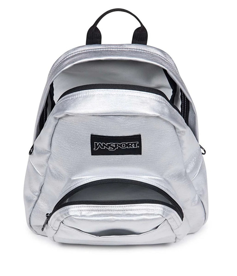 Load image into Gallery viewer, Shiny silver color JanSport Half Pint FX mini backpack.
