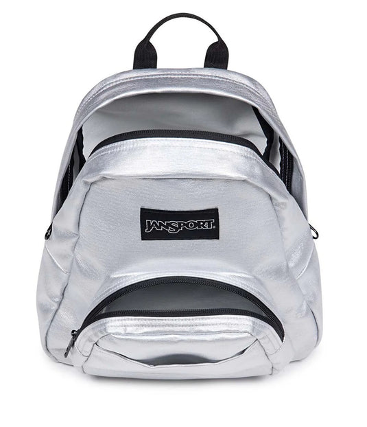 Shiny silver color JanSport Half Pint FX mini backpack.