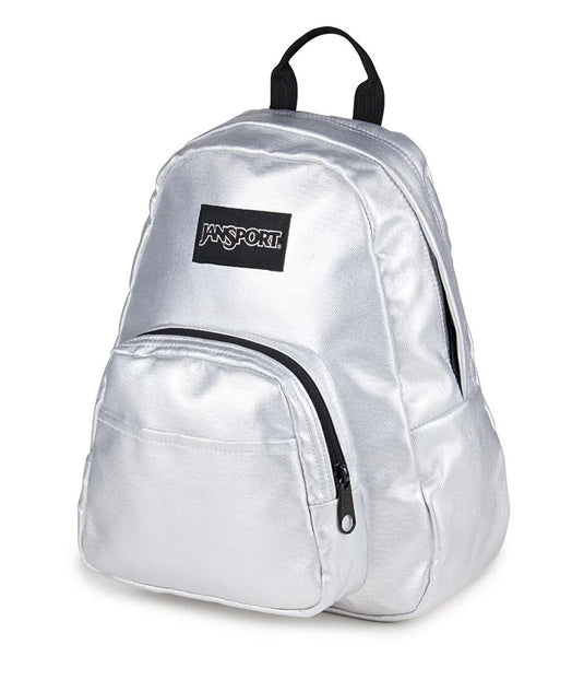 Shiny silver color JanSport Half Pint FX mini backpack.