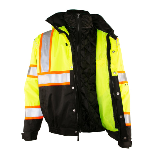 Kishigo JS119 Class 3 Bomber Jacket that is made from a durable ripstop material with waterproof seam sealed construction in the lime color - ghost model open