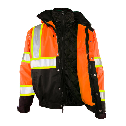 Kishigo JS120 Class 3 Bomber Jacket that is made from a durable ripstop material with waterproof seam sealed construction in the orange color - ghost model open