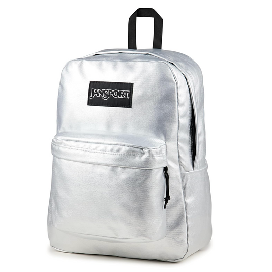 Silver shiny backpack with a black handle and a Jansport logo