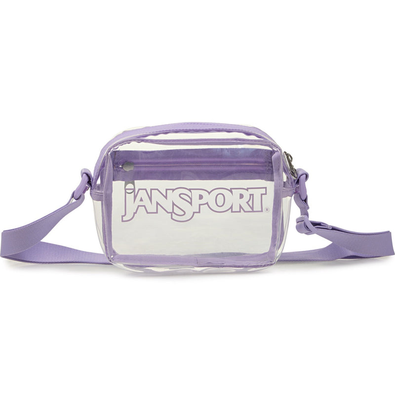 Load image into Gallery viewer, JanSport Cross Body Clear bag with purple trim is perfect for the game at the stadium.
