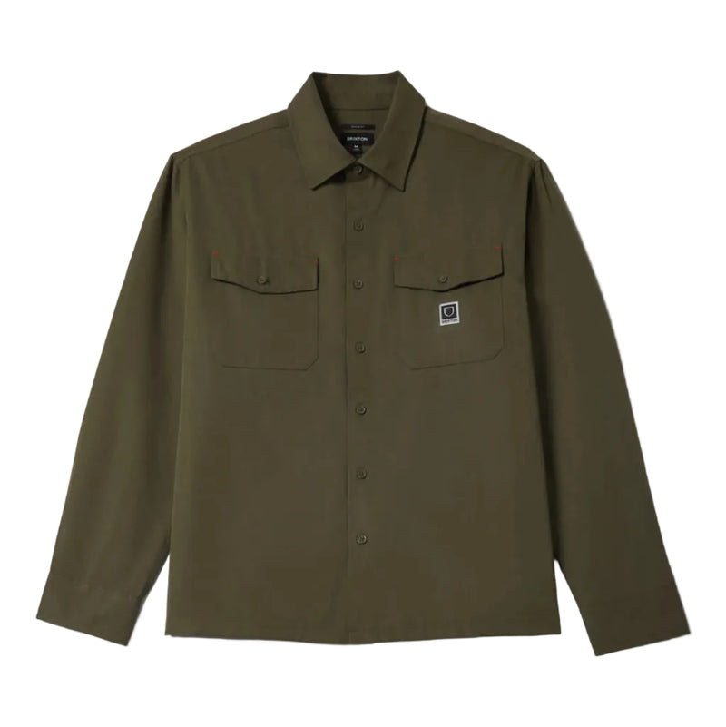 Load image into Gallery viewer, Dark olive green long sleeve shirt with a pocket and small brixton patch logo.  Button down flaps over two chest pockets.
