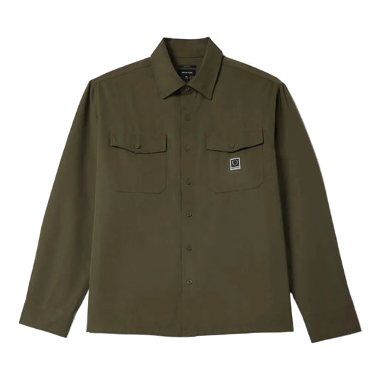 Dark olive green long sleeve shirt with a pocket and small brixton patch logo.  Button down flaps over two chest pockets.