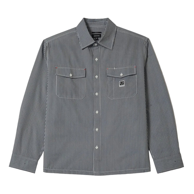 Load image into Gallery viewer, Striped shirt with two front button-down flap pockets and a Brixton woven label on the left chest.
