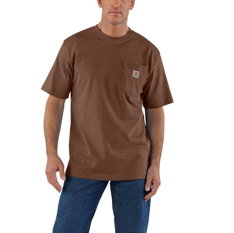 Load image into Gallery viewer, Man wearing a brown t-shirt with a Carhartt logo on the left chest pocket.
