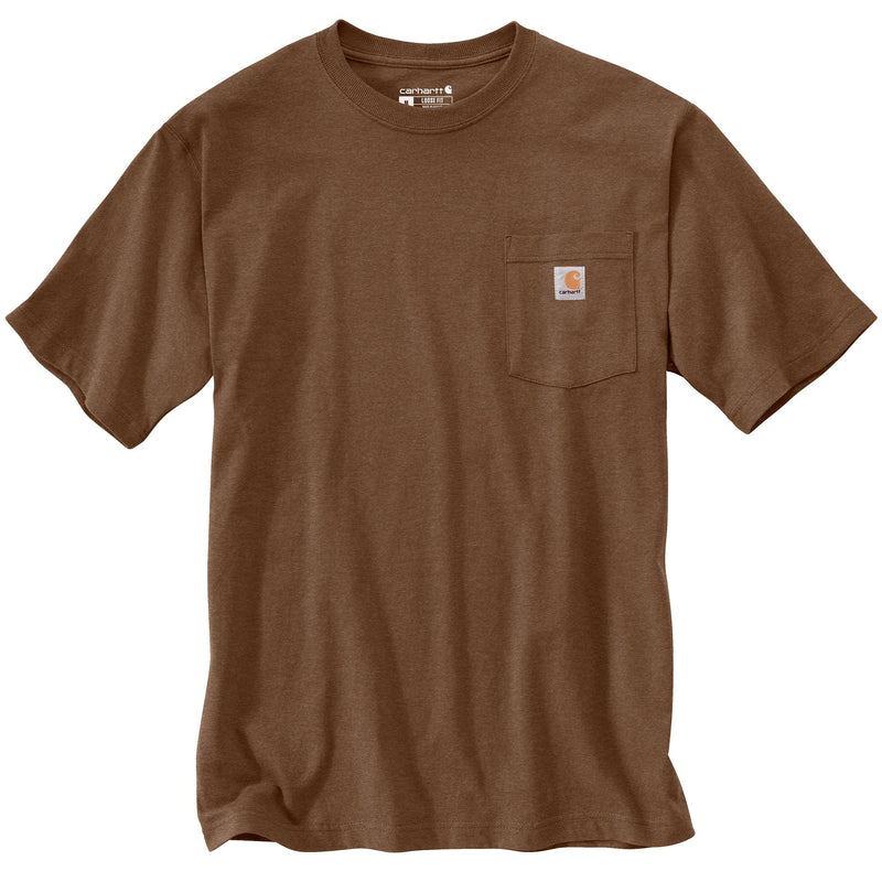 Load image into Gallery viewer, Heather brown t-shirt with a left chest pocket and Carhartt logo label sewn on.
