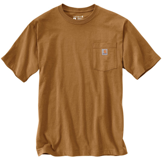 brown t-shirt with a Carhartt logo on the left chest pocket 