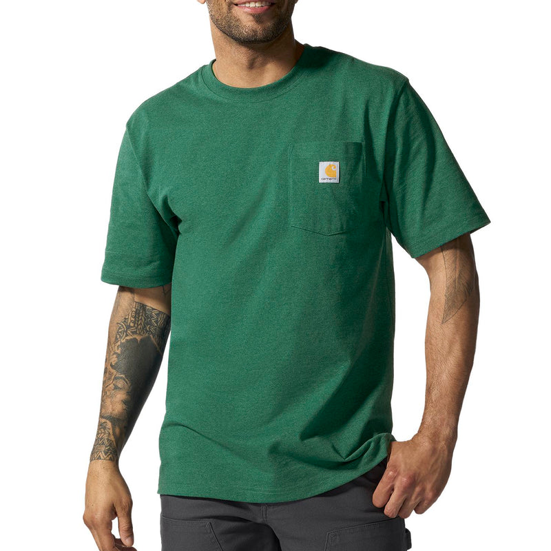 Load image into Gallery viewer, Man wearing a green t-shirt with a visible Carhartt brand logo on left chest pocket.
