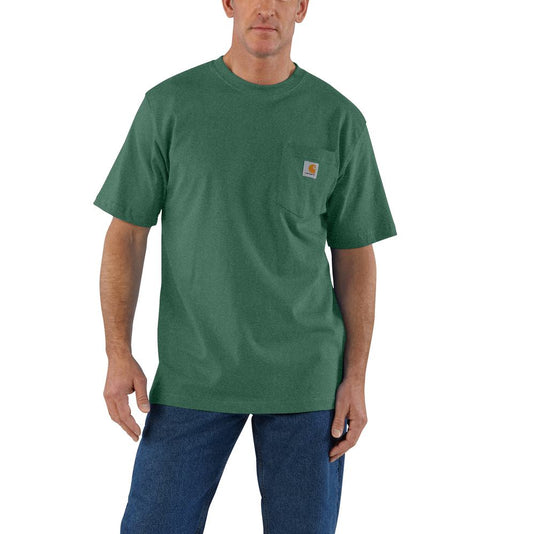 Man wearing a green t-shirt with Carhartt logo on a left chest pocket