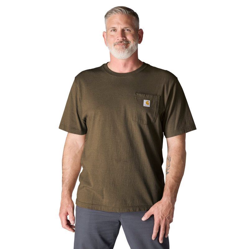 Load image into Gallery viewer, Man wearing a green-brown t-shirt with a visible Carhartt brand logo on the left chest pocket
