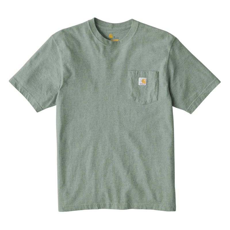 Load image into Gallery viewer, Green t-shirt with a visible Carhartt brand logo on left chest pocket
