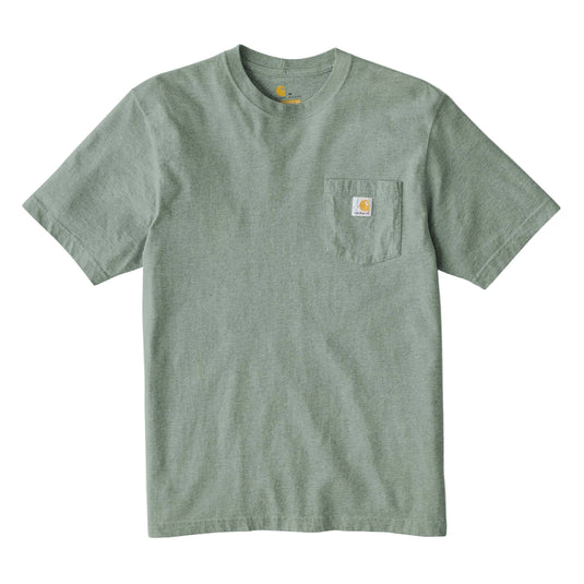 Green t-shirt with a visible Carhartt brand logo on left chest pocket