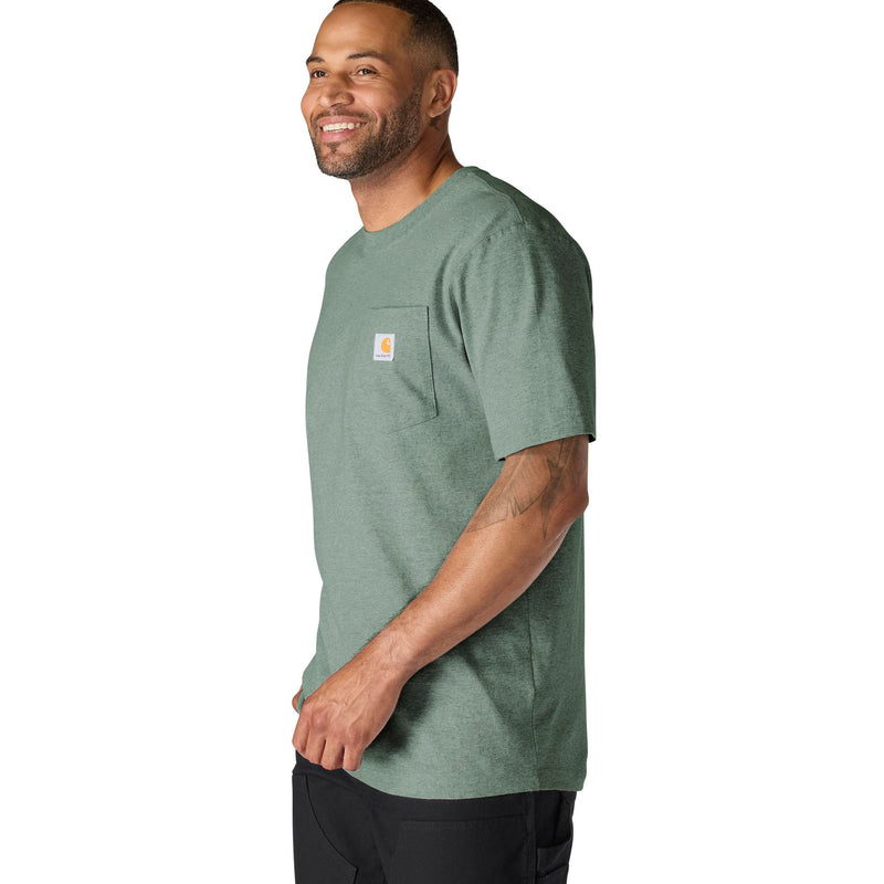 Load image into Gallery viewer, Man wearing a green t-shirt with a visible Carhartt brand logo on left chest pocket
