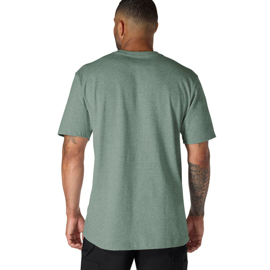 Back of man wearing a green t-shirt 