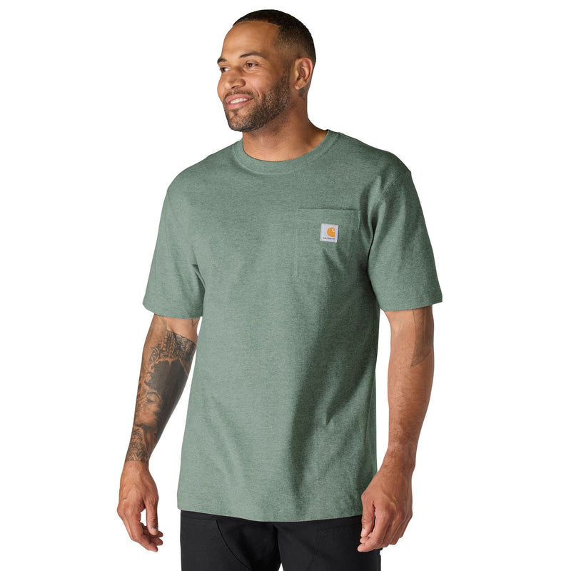 Load image into Gallery viewer, Man wearing a green t-shirt with a visible Carhartt brand logo on left chest pocket
