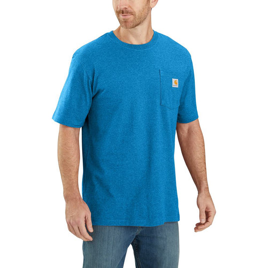 Man wearing a blue t-shirt with a Carhartt brand logo on left chest pocket