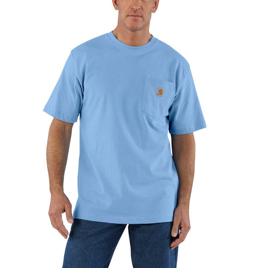 Man wearing a light blue t-shirt with a Carhartt brand logo on left chest pocket 