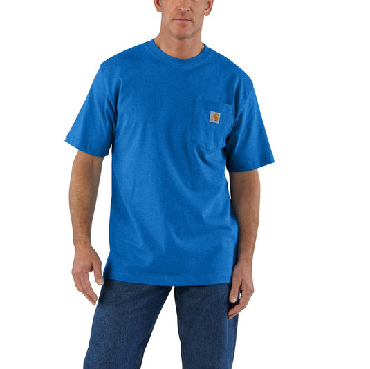 Man wearing a blue t-shirt with a visible brand Carhartt logo on the left chest pocket