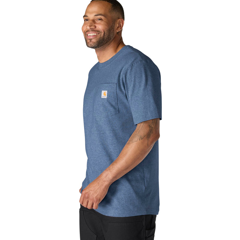 Load image into Gallery viewer, Man wearing a blue t-shirt with a visible brand Carhartt logo on left chest pocket
