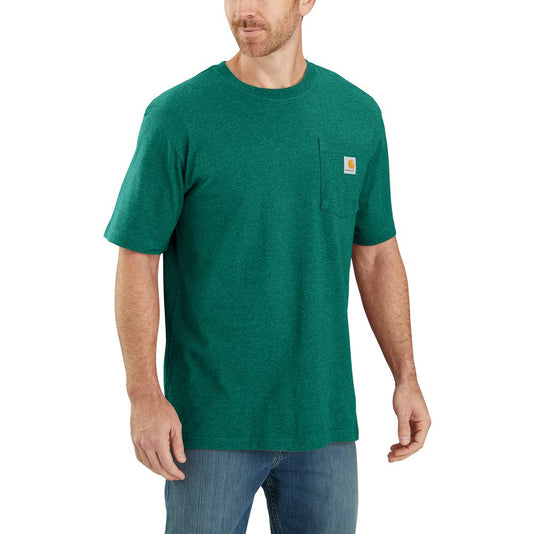 Man wearing a green t-shirt with a visible Carhartt brand logo on left chest pocket