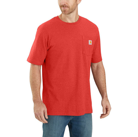 Man wearing a red t-shirt with a Carhartt brand logo on the left chest pocket