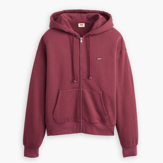 Maroon hoodie with a brand logo on a white background
