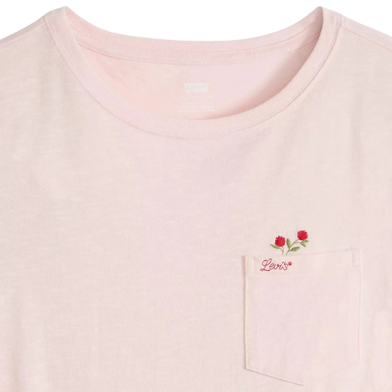 Load image into Gallery viewer, A Levi's light pink pocket t-shirt with a floral embroidery detail over the left chest pocket. 
