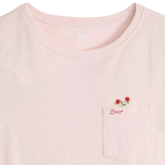A Levi's light pink pocket t-shirt with a floral embroidery detail over the left chest pocket. 