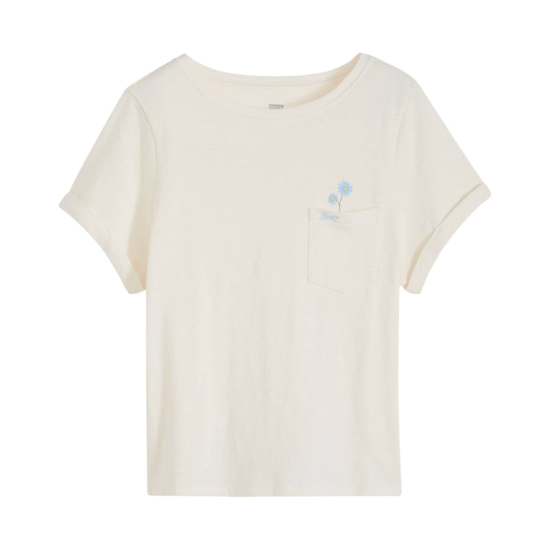 Load image into Gallery viewer, Levi white t-shirt with a small daisy embroidery detail over the left chest pocket
