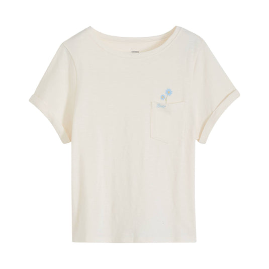 Levi white t-shirt with a small daisy embroidery detail over the left chest pocket