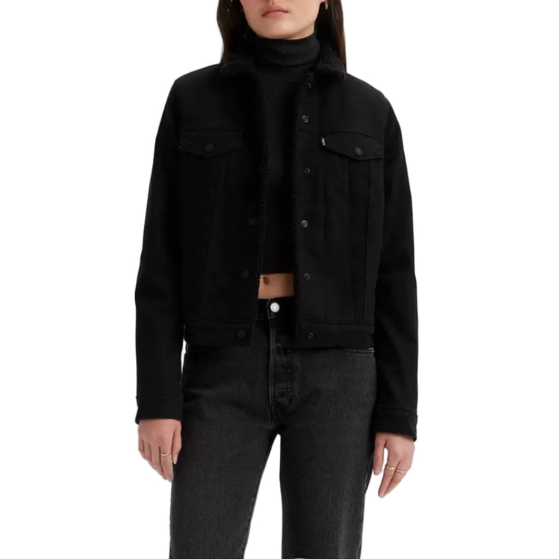 Load image into Gallery viewer, Person wearing a black sherpa lined trucker jacket and turtleneck on a white background
