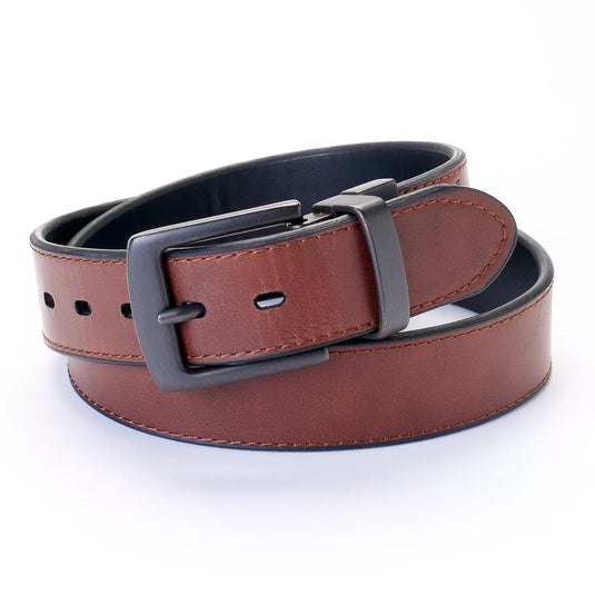 Brown leather belt with a gray buckle on a white background