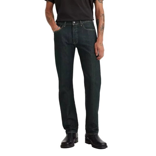 Man wearing a plain black t-shirt with the Levis 501 Original Clear Rigid jeans