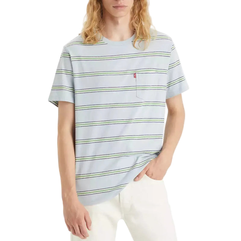 Load image into Gallery viewer, Light blue pocket tee with green stripes on a white background. 

