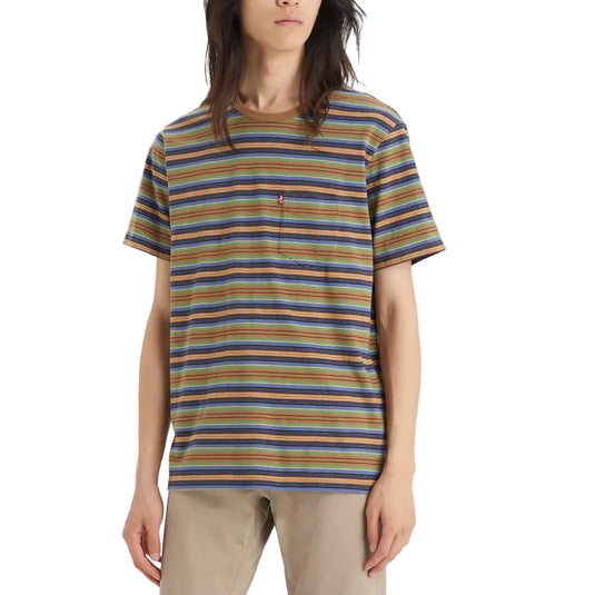 Person wearing a multicolored, striped t-shirt on a white background