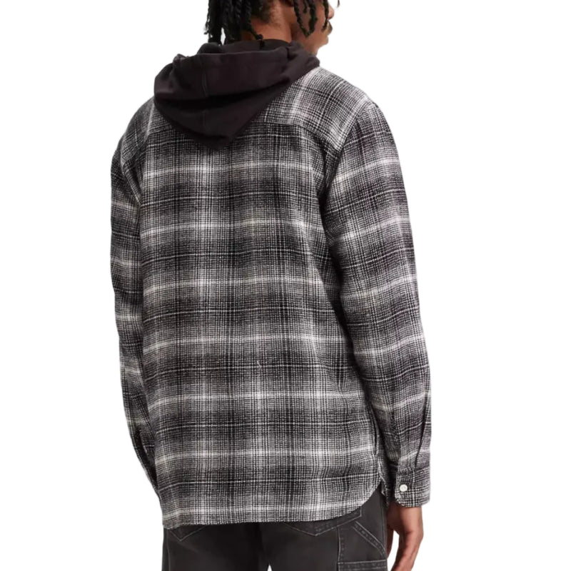 Load image into Gallery viewer, Person wearing a hooded black and white plaid shirt on a white background
