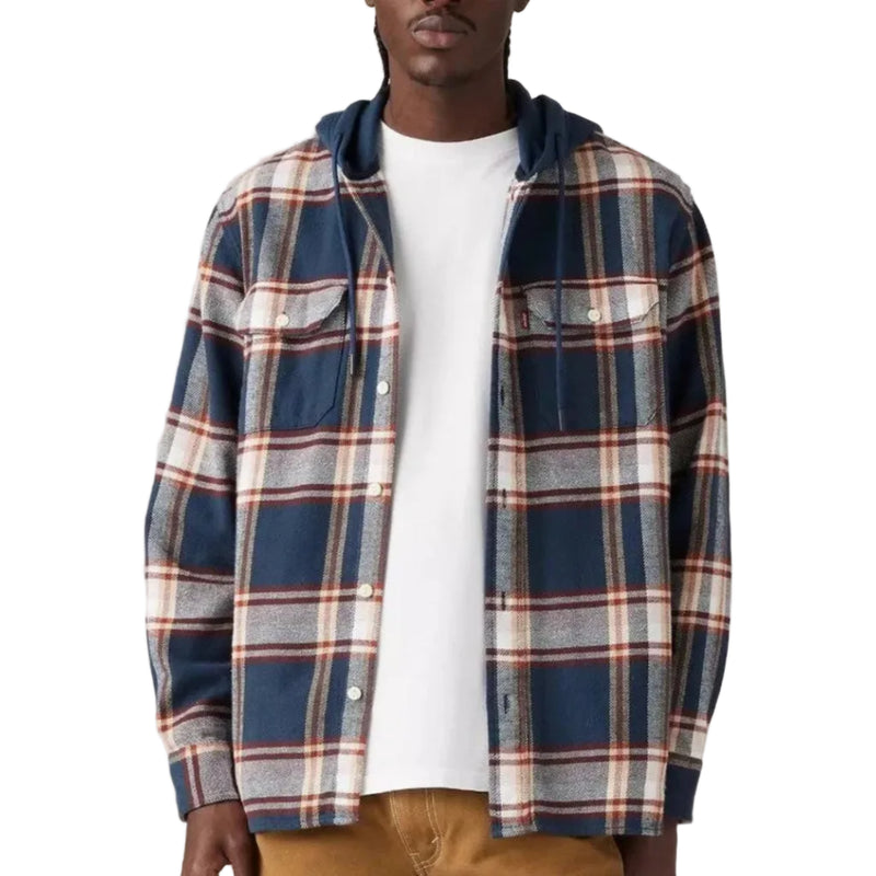 Load image into Gallery viewer, Man wearing a hooded navy and red plaid shirt over a white t-shirt with a white background

