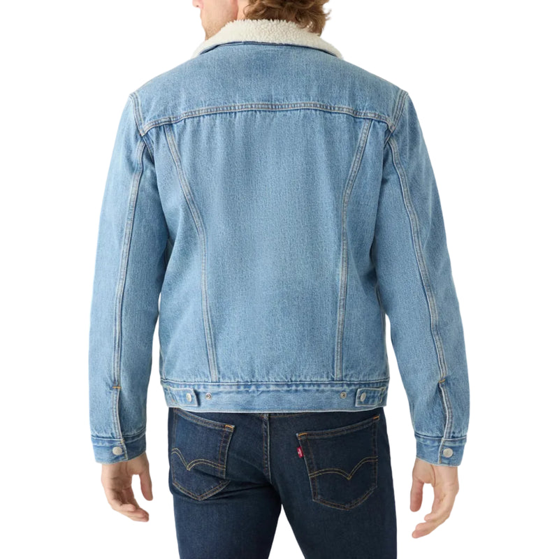 Load image into Gallery viewer, A person shown from the back wearing a light blue denim jacket with a cream sherpa collar, paired with dark blue jeans on a white studio background.

